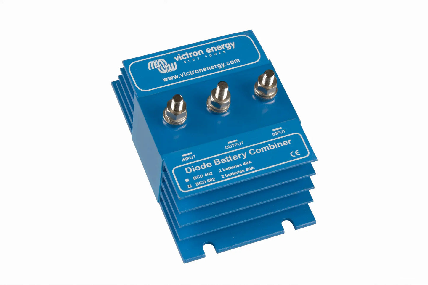Blue battery combiner with Victron Energy branding on a white background