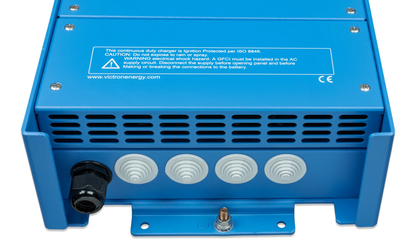 Blue electronic device with text and certification logos on a white background