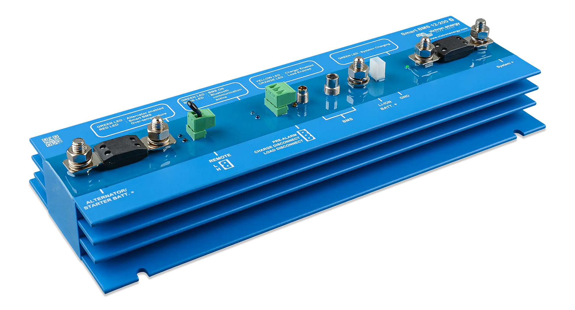 Blue electronic panel with various components on a white background