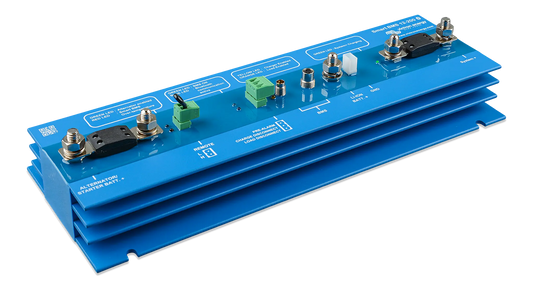 Blue electronic panel with various components on a white background