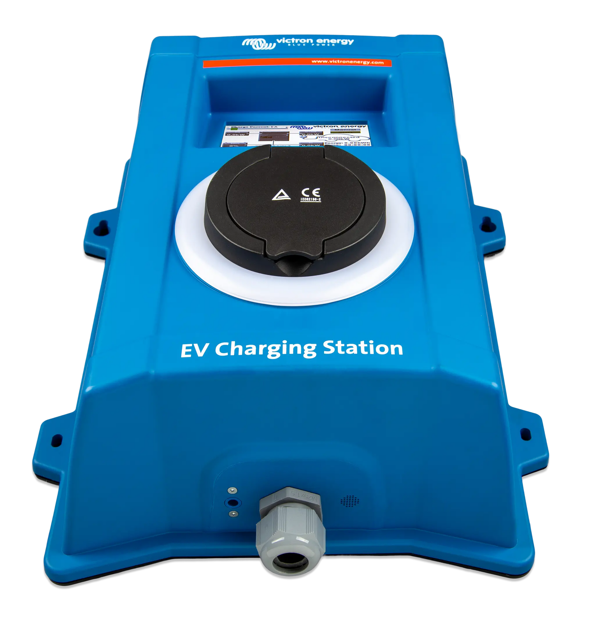 Blue EV charging station with a white background
