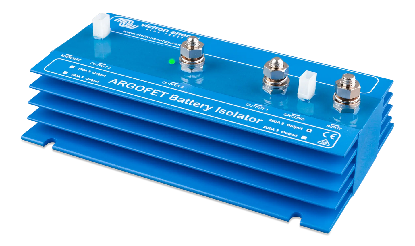 Blue ARGOFET Battery Isolator with metallic connectors on a white background