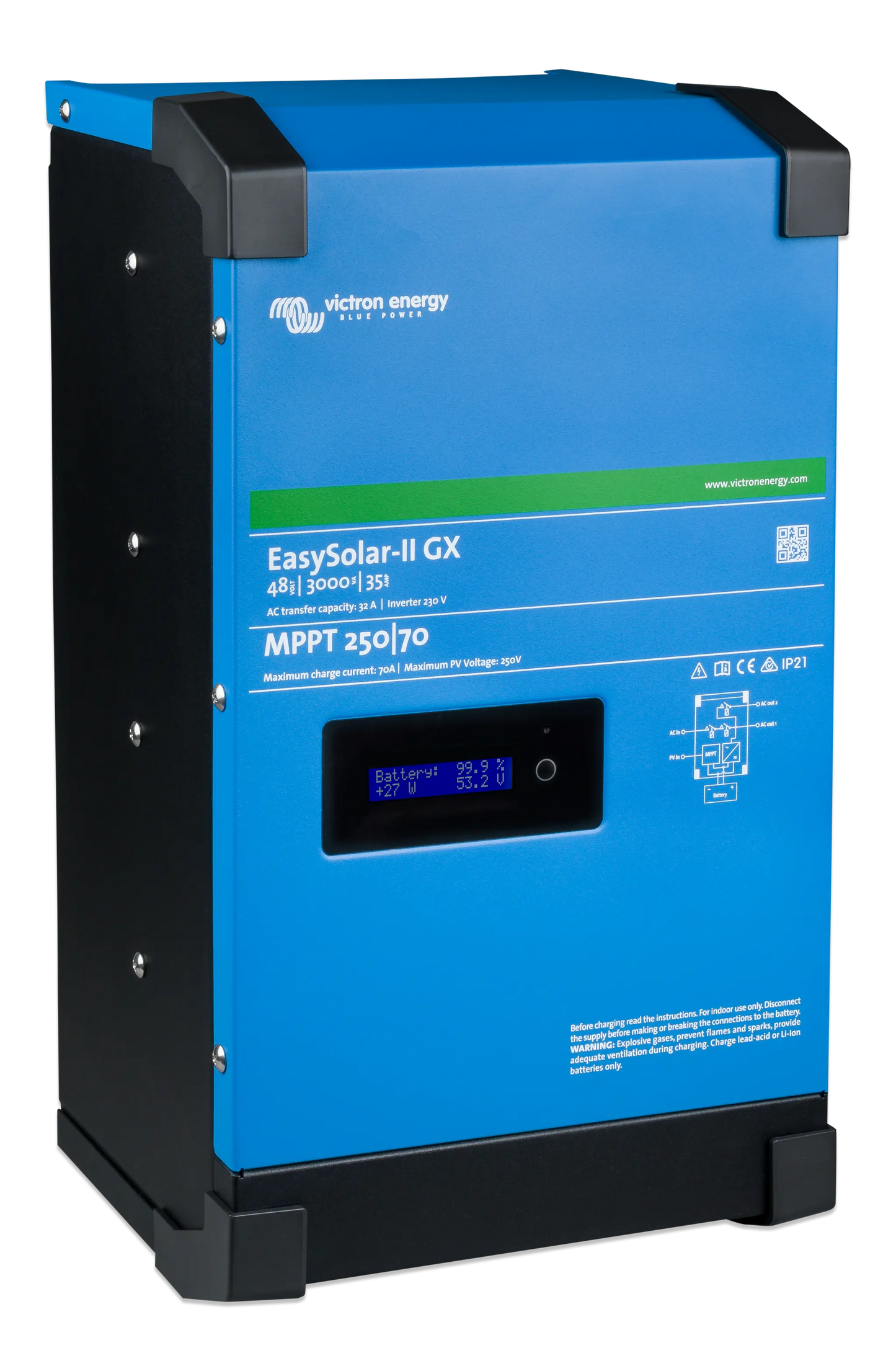 Blue Victron Energy EasySolar-II GX battery charger on a white background