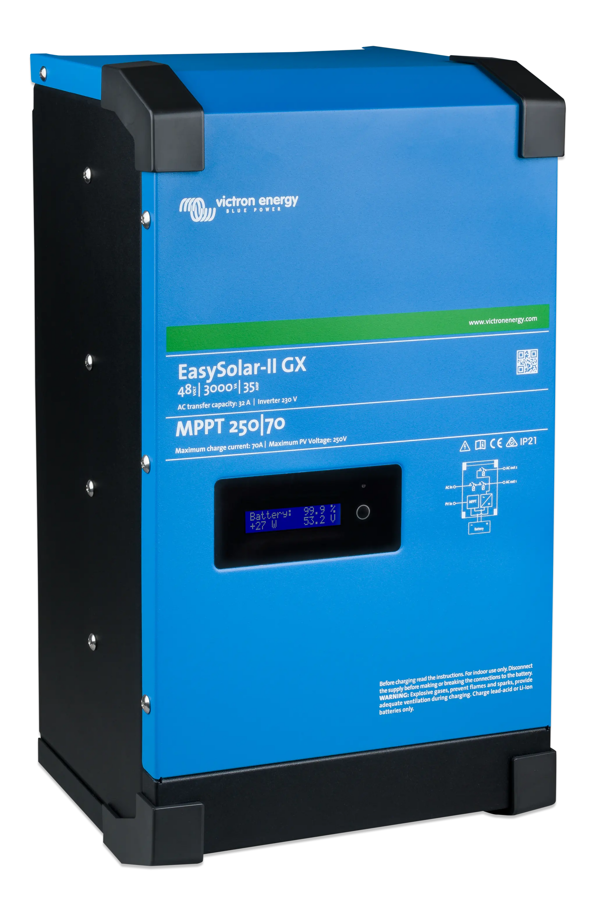 Blue Victron Energy EasySolar-II GX battery charger on a white background