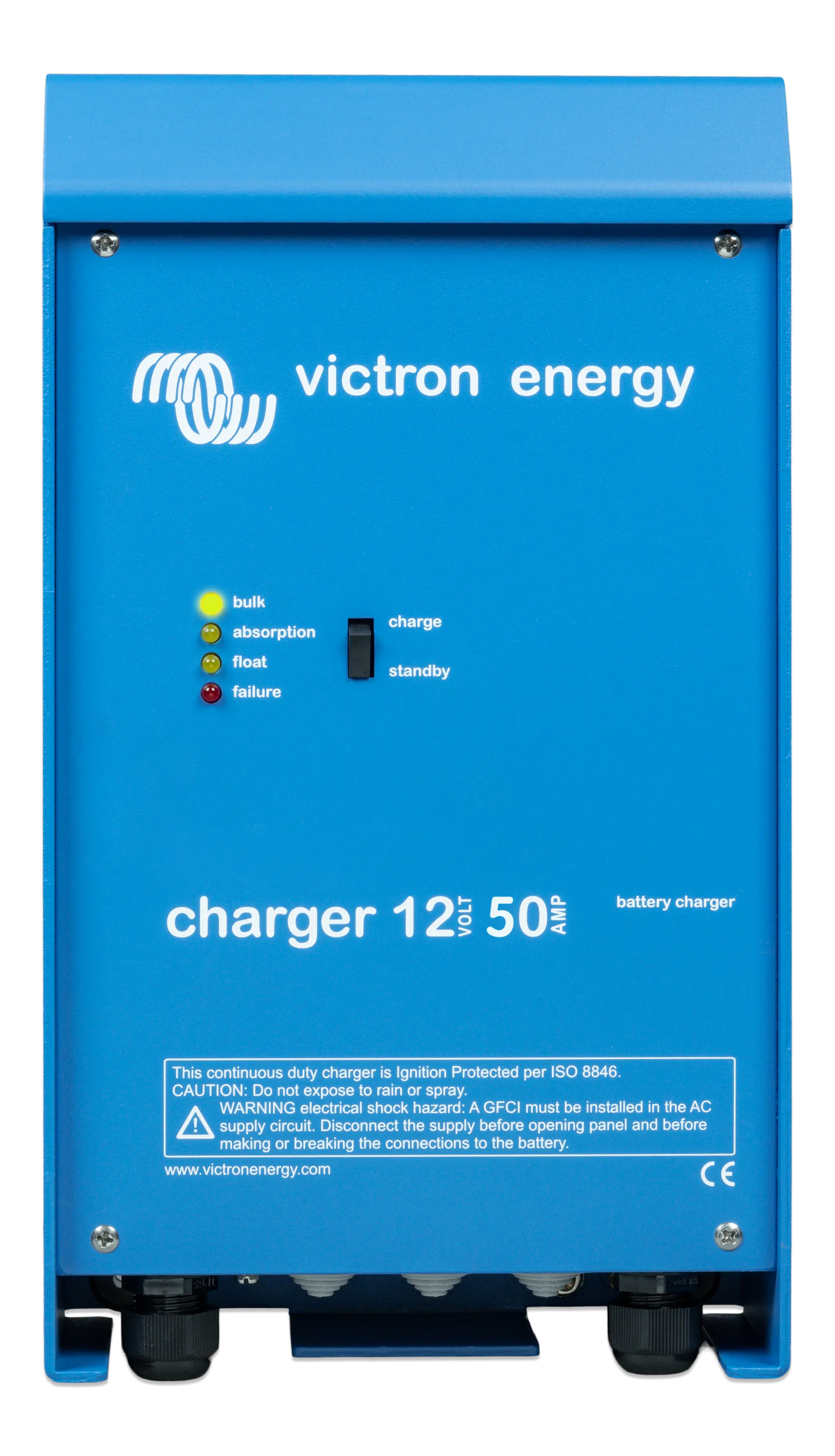 Blue Victron Energy battery charger with charging stages on a white background