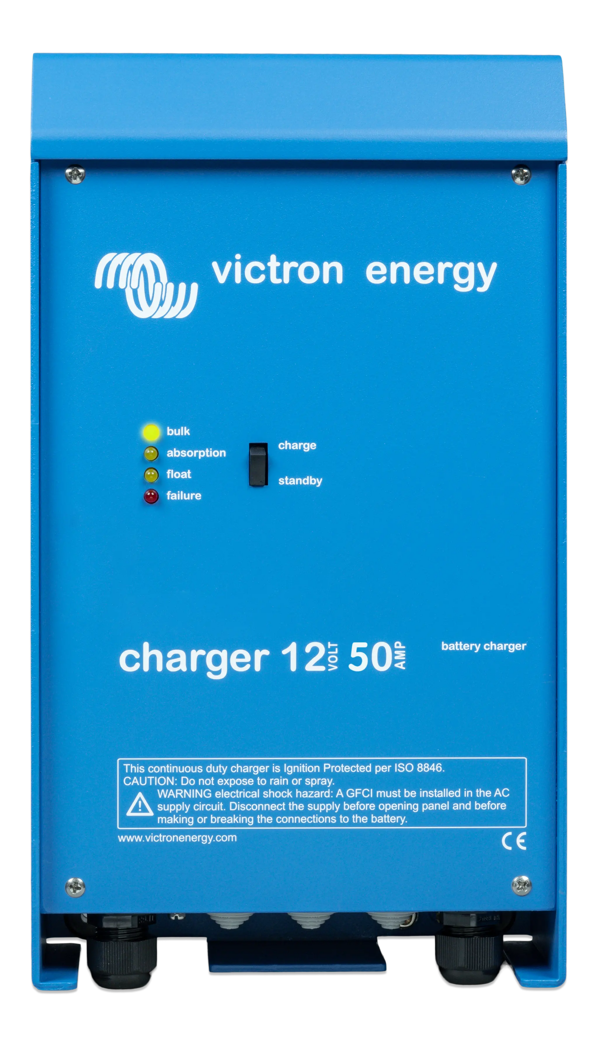 Blue Victron Energy battery charger with charging stages on a white background