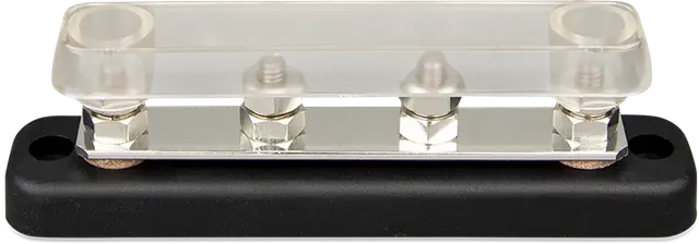 Black fuse block with clear cover on a white background