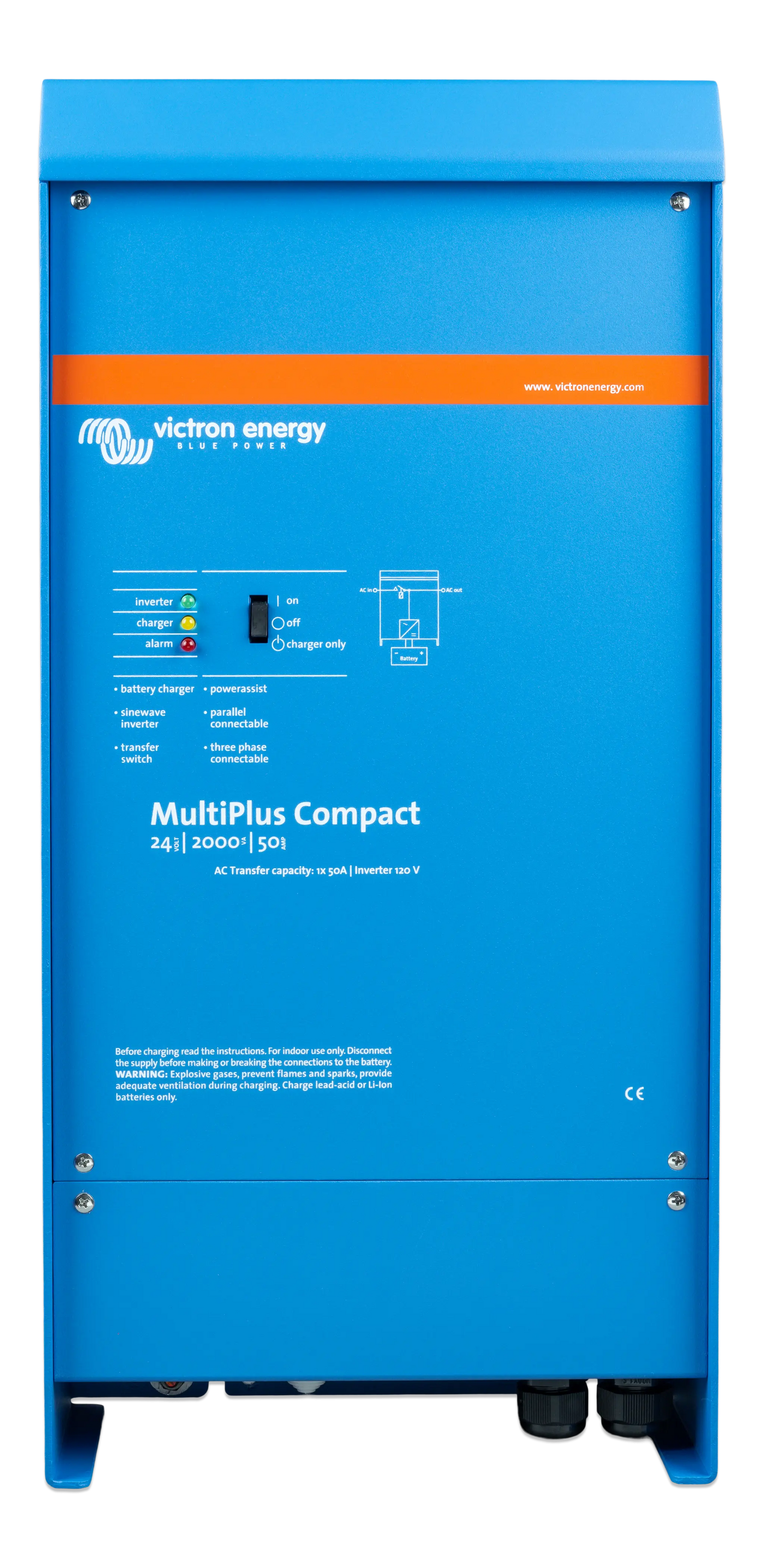 Blue Victron Energy MultiPlus Compact power inverter on a white background