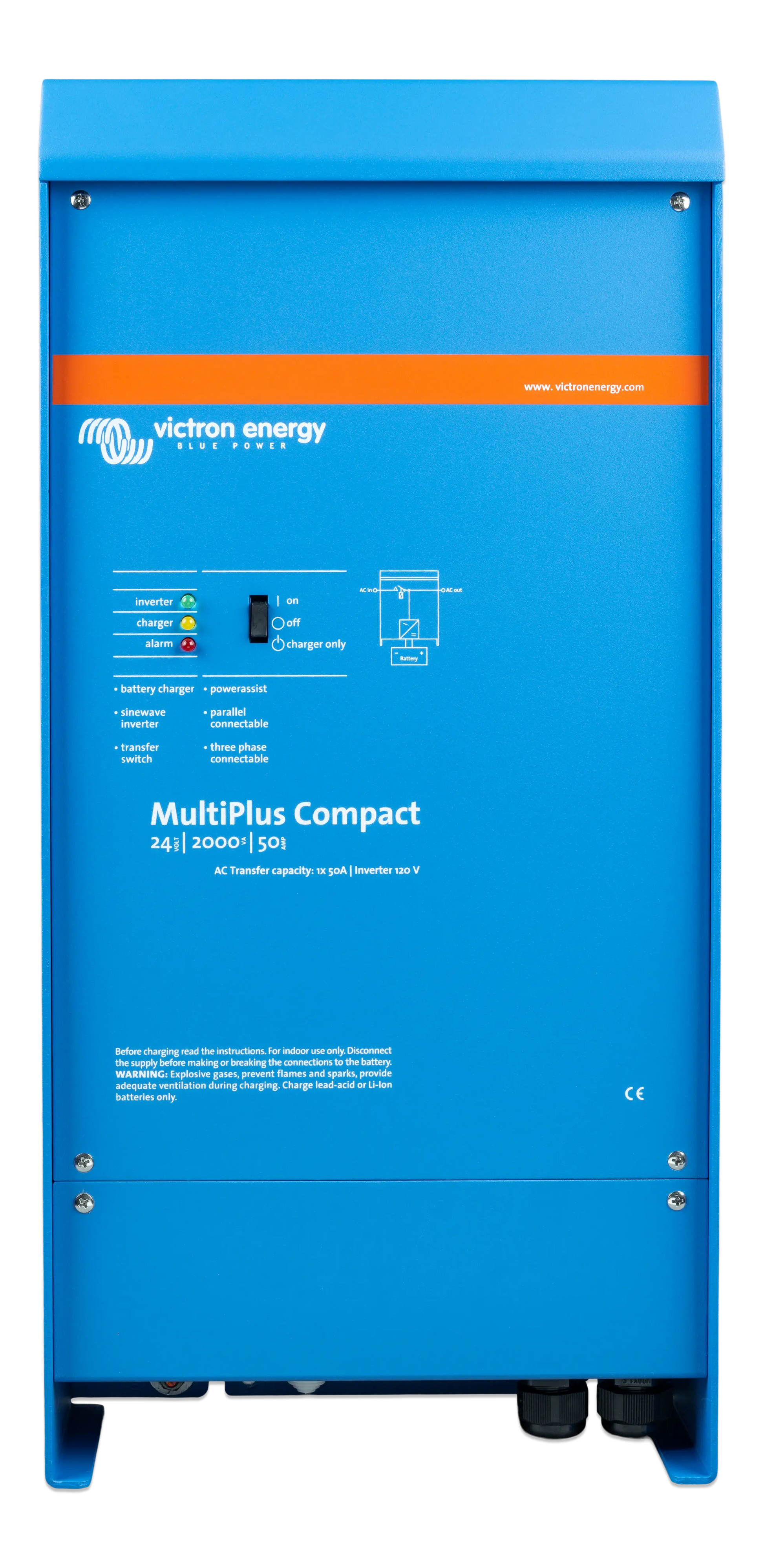 Blue Victron Energy MultiPlus Compact power inverter on a white background