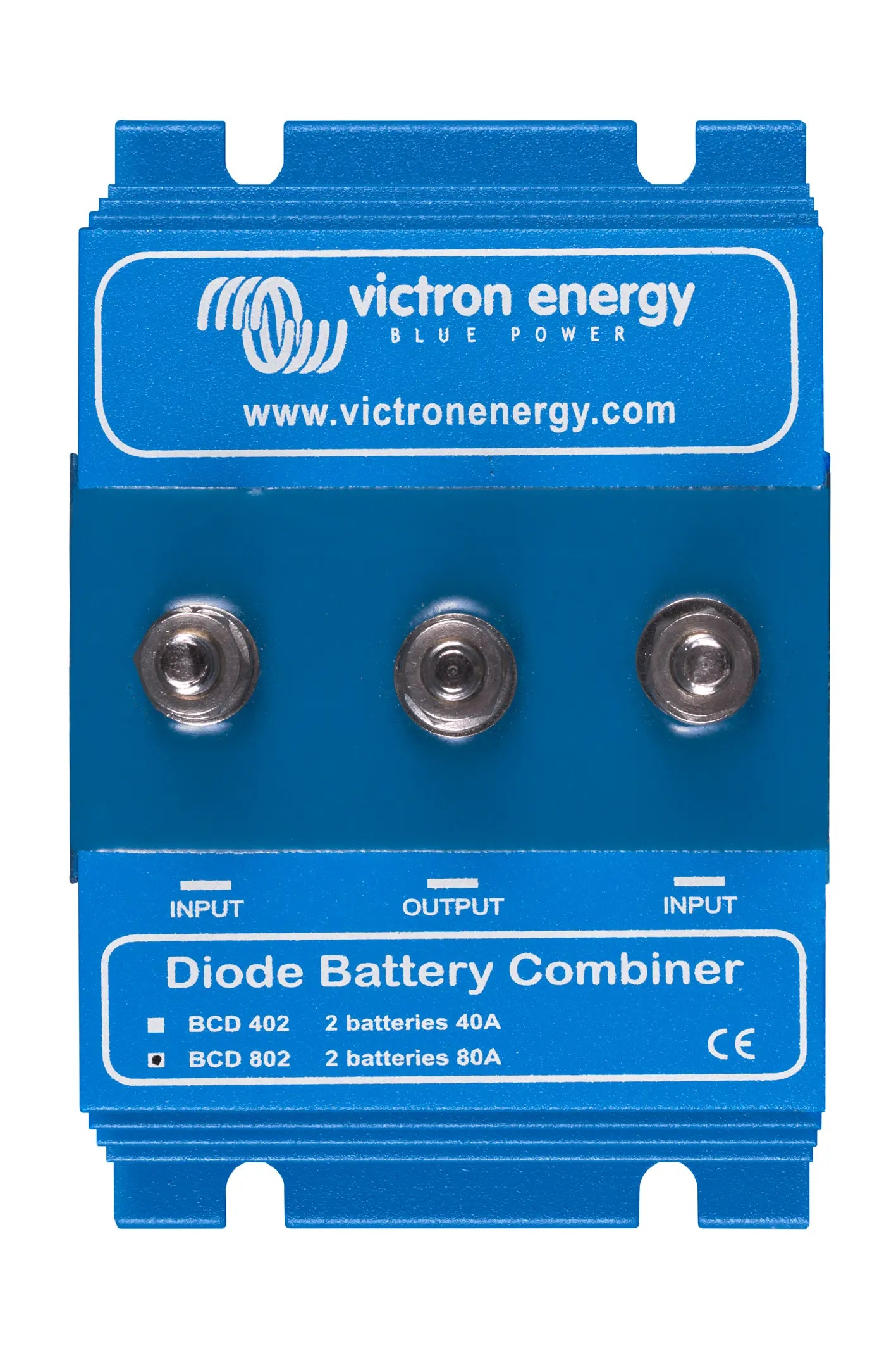 Blue Victron Energy diode battery combiner on a white background