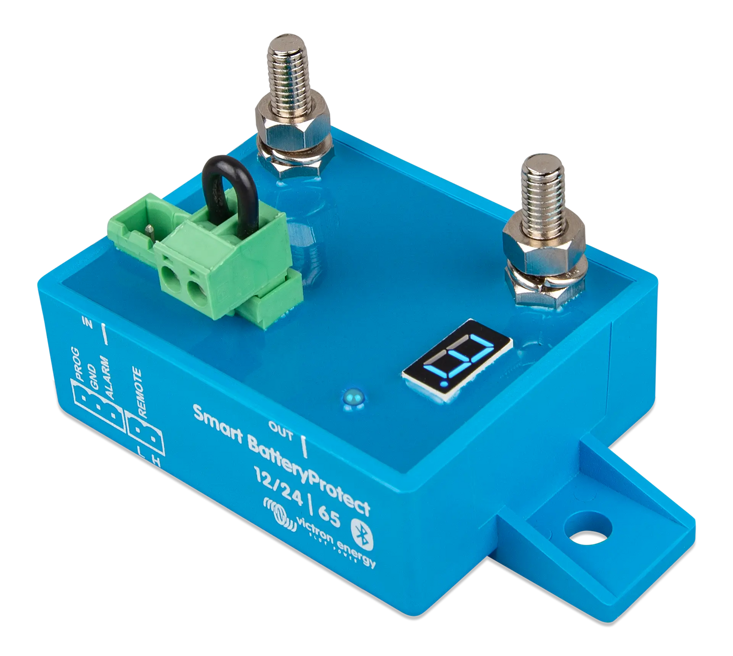 Blue electronic component with connectors and display on a white background