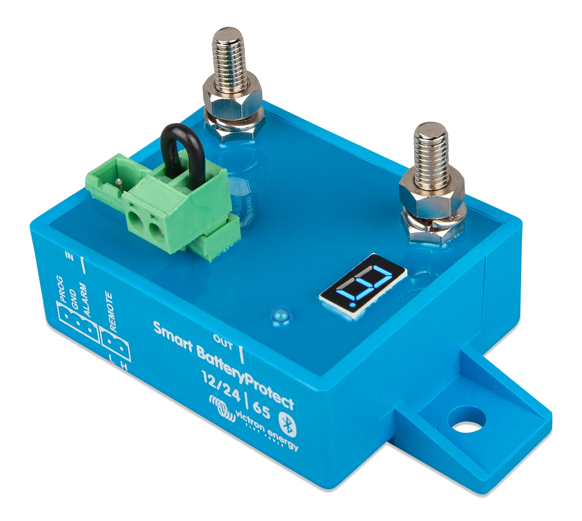 Blue electronic component with connectors and display on a white background