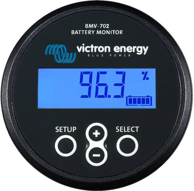 Victron Energy battery monitor with digital display on a white background