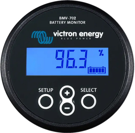 Victron Energy battery monitor with digital display on a white background