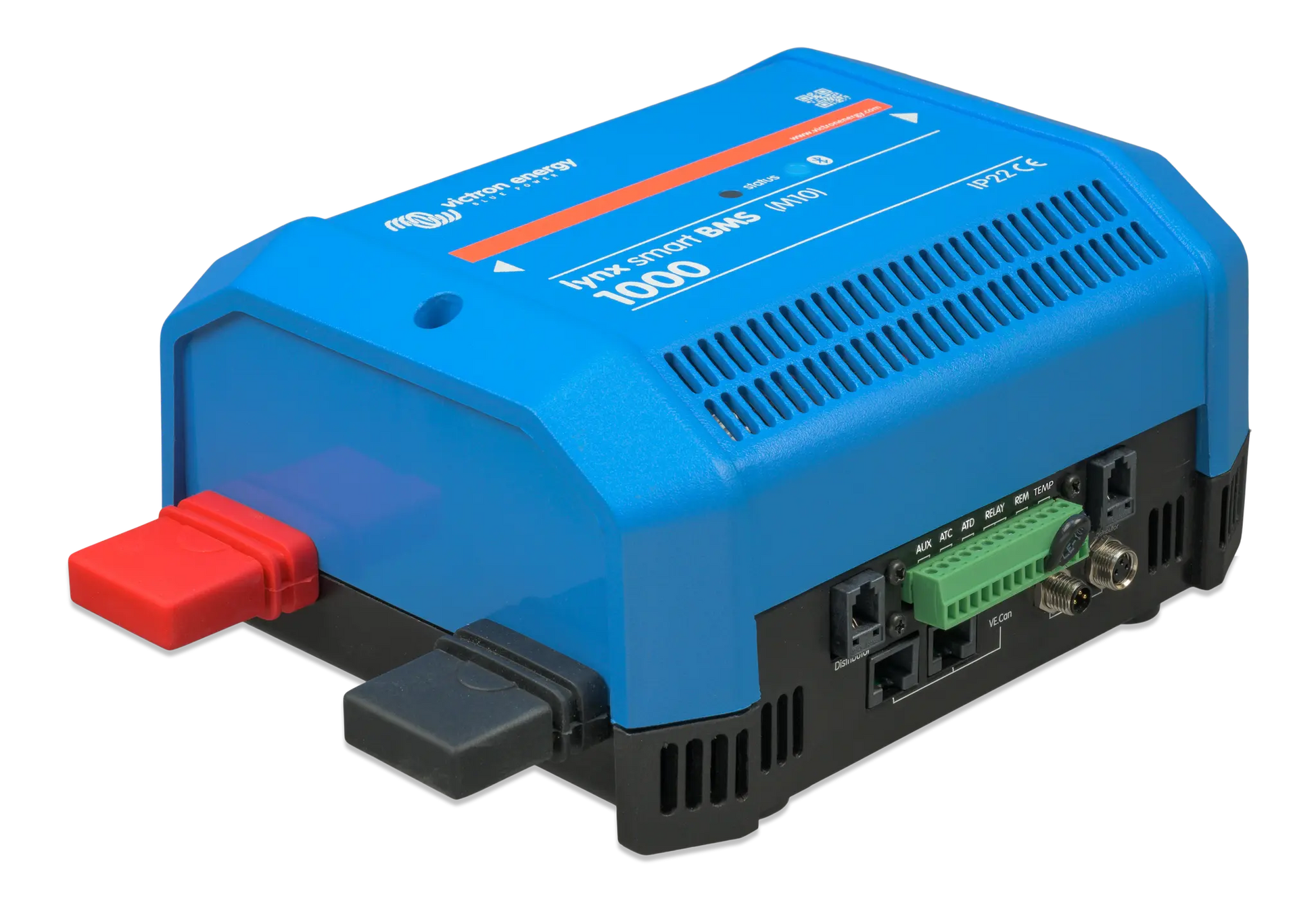 Blue power converter with red connector on a white background