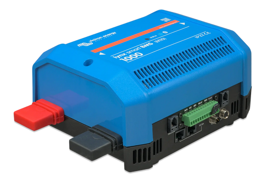 Blue power converter with red connector on a white background