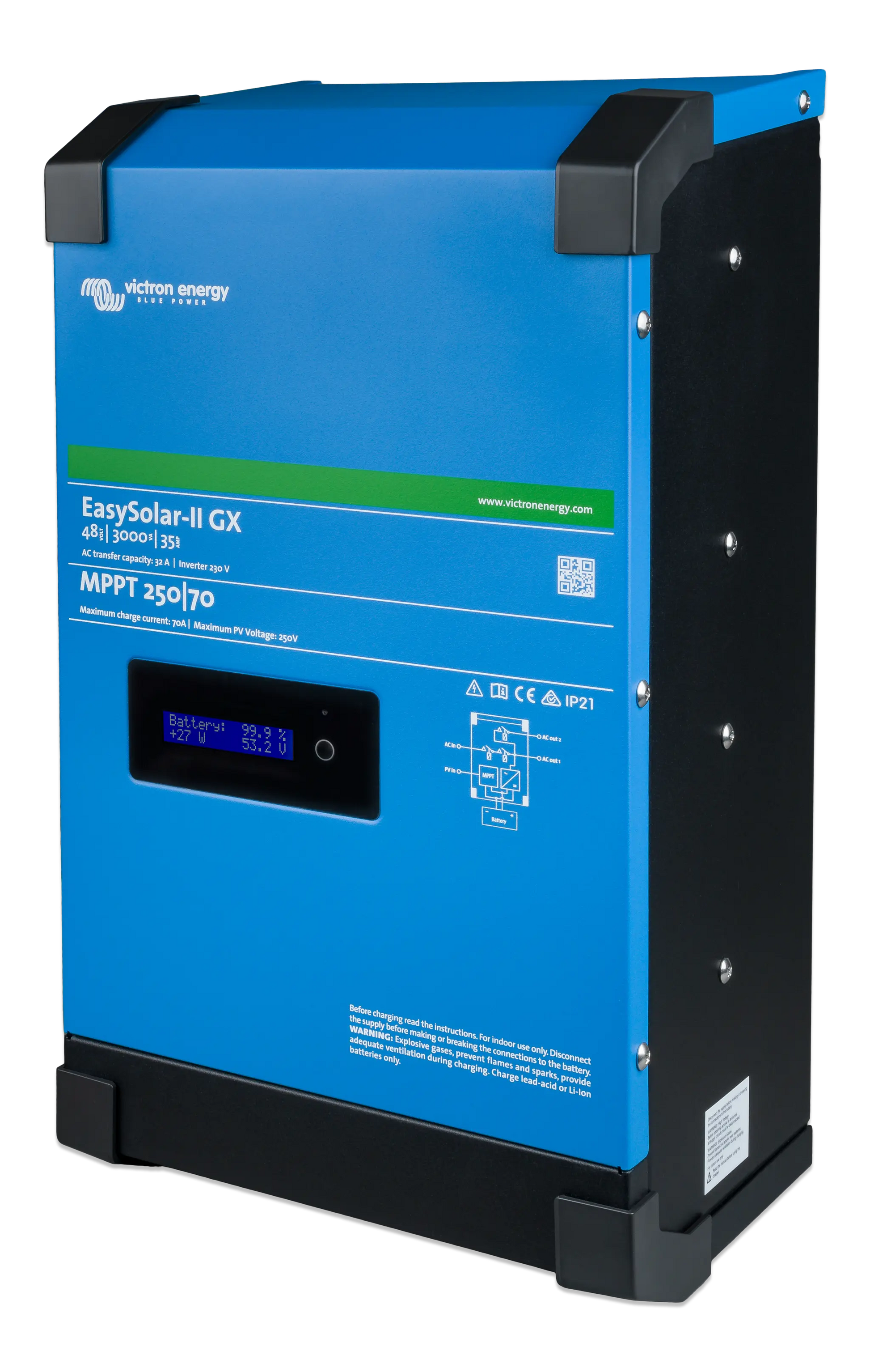 Blue and black Victron Energy EasySolar-II GX solar inverter on a white background
