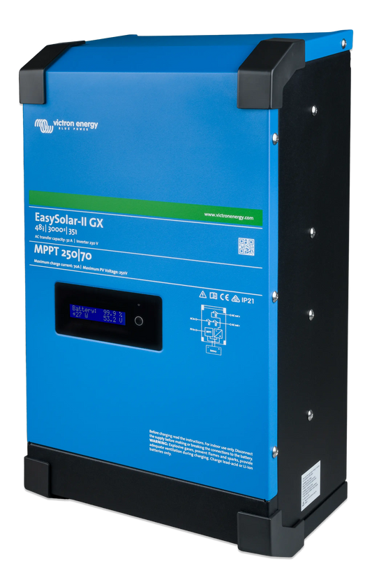 Blue and black Victron Energy EasySolar-II GX solar inverter on a white background