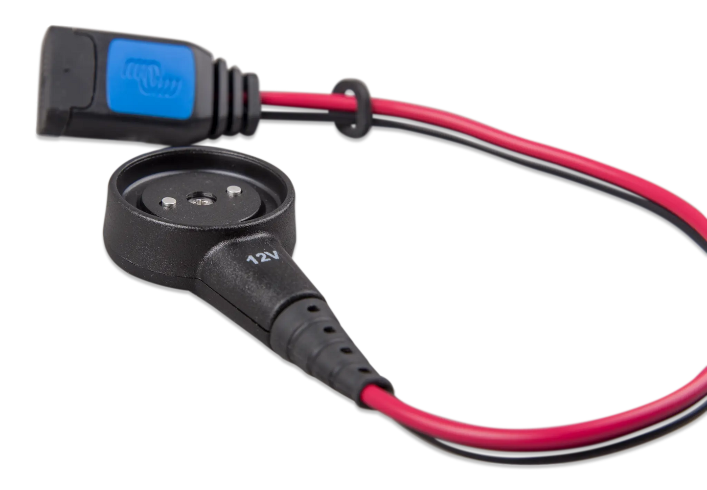 Car charger cable with red and black wires on a white background