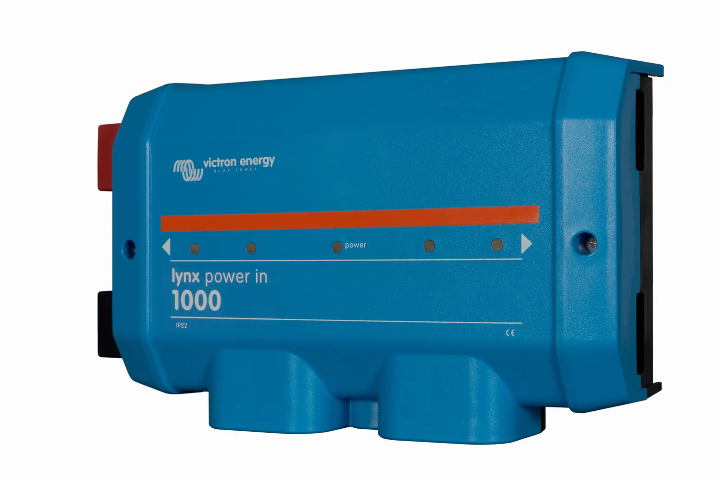 Blue Victron Energy power inverter on a white background