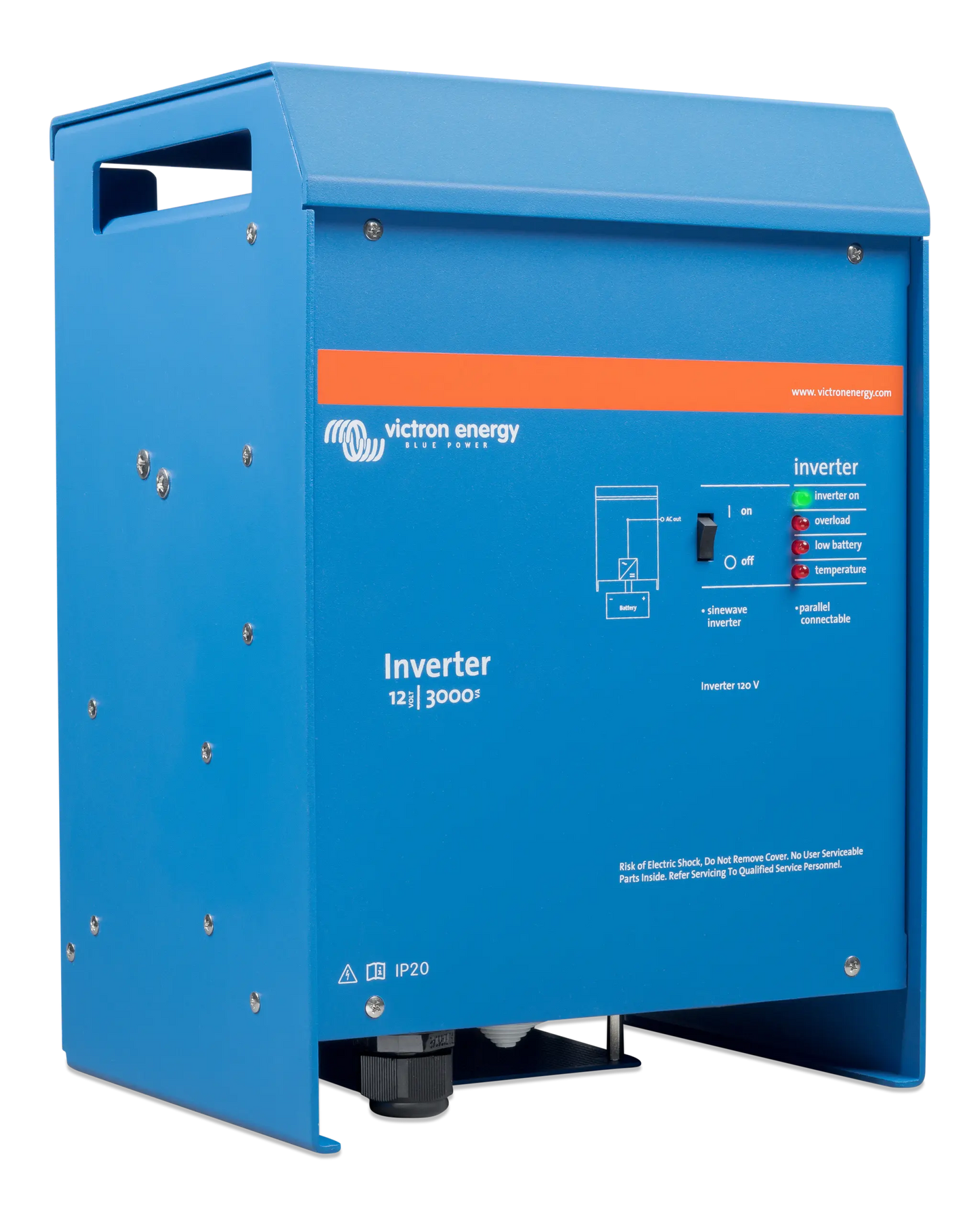 Blue Victron Energy inverter on a white background