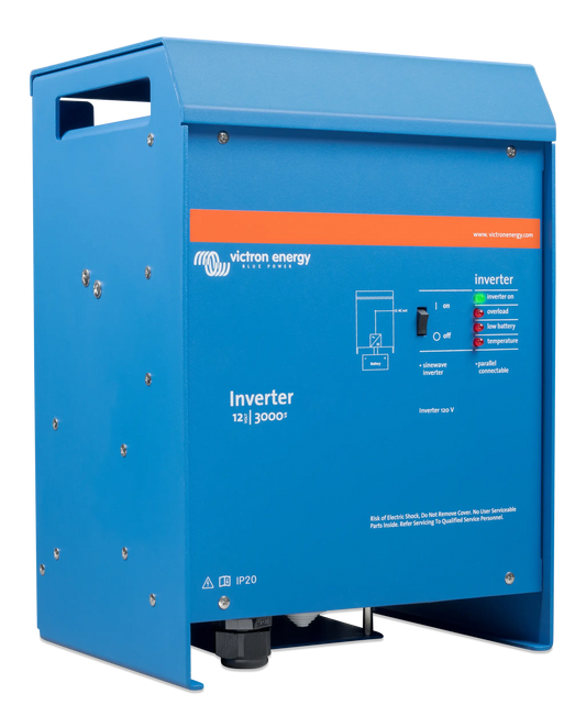 Blue Victron Energy inverter on a white background