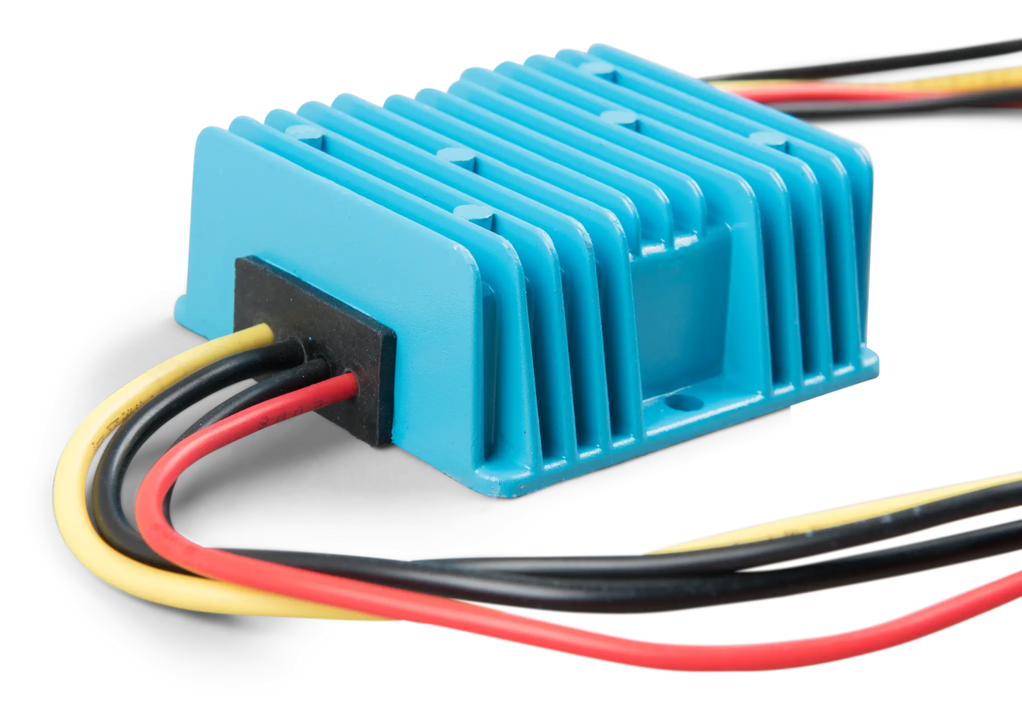 Blue electronic module with wires on a white background