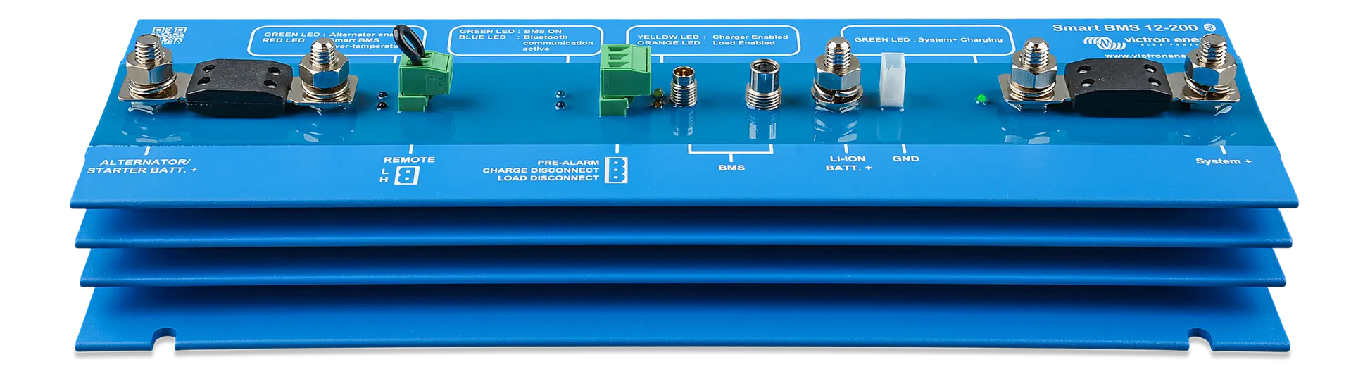 Blue electronic module with various connectors on a white background
