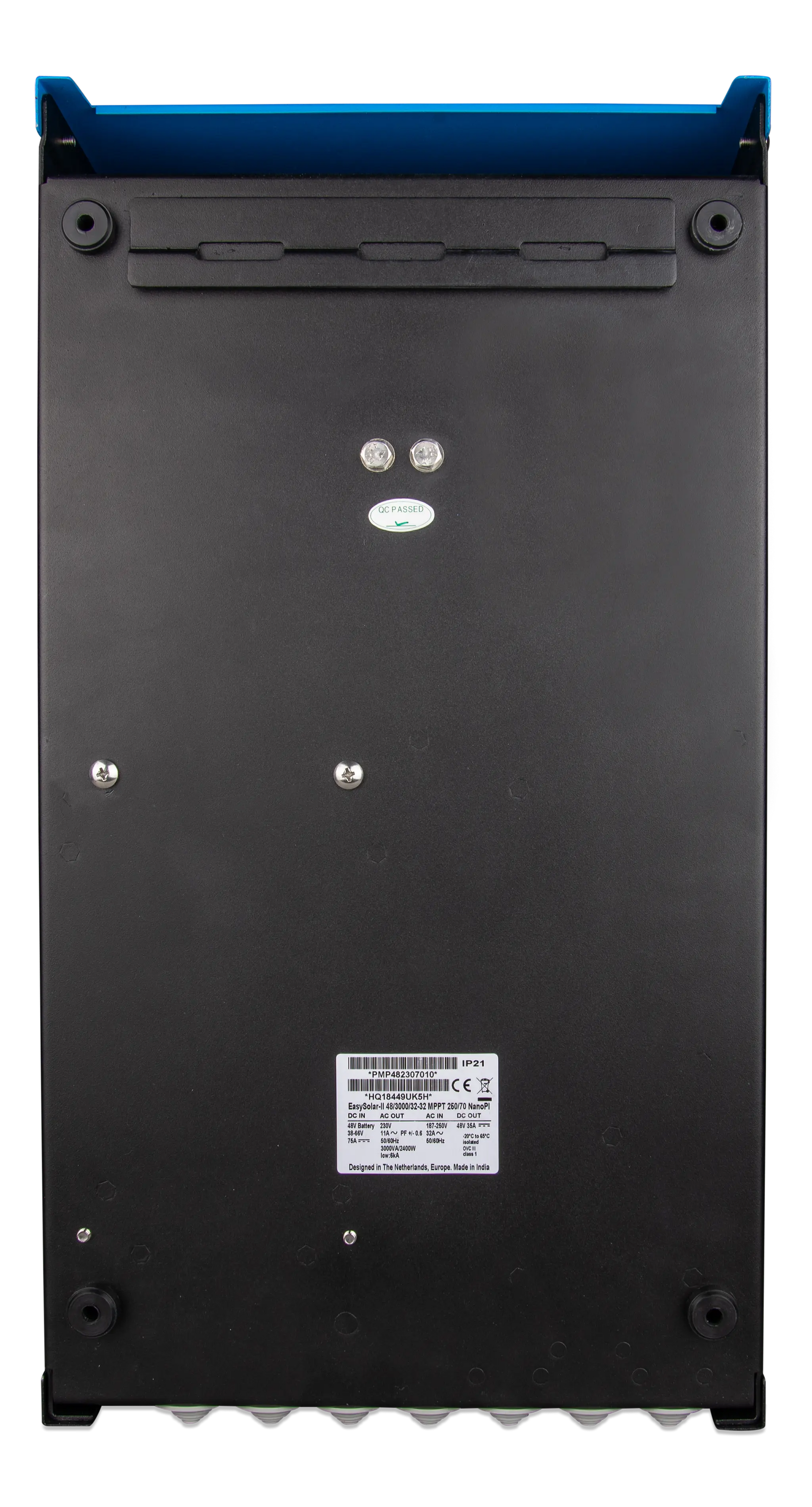 Back view of a black electronic device with blue top on a white background