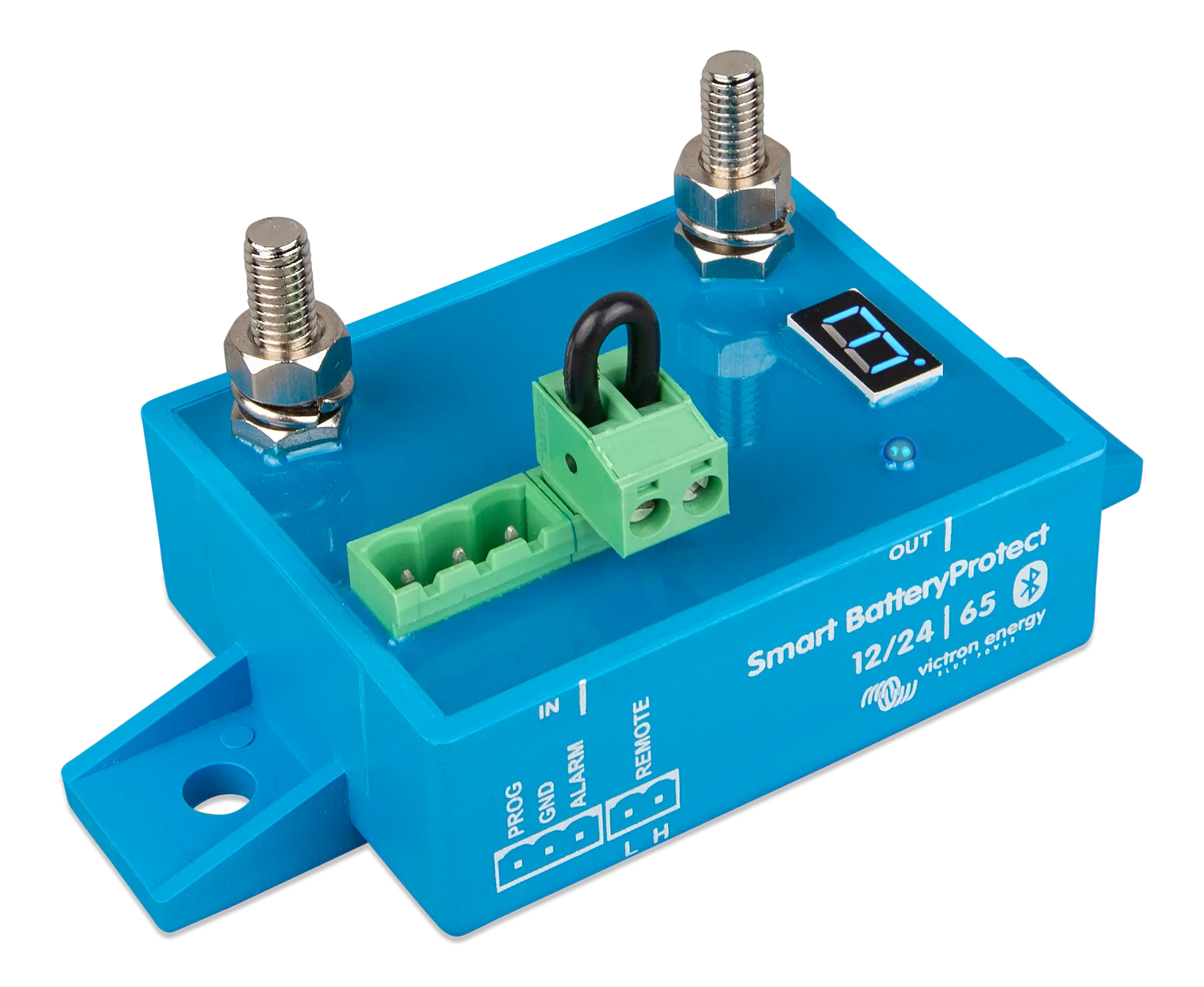 Blue electronic module with connectors and display on a white background