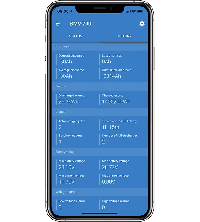 Smartphone displaying battery management system app on a white background