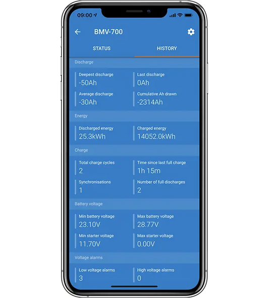 Smartphone displaying battery management system app on a white background
