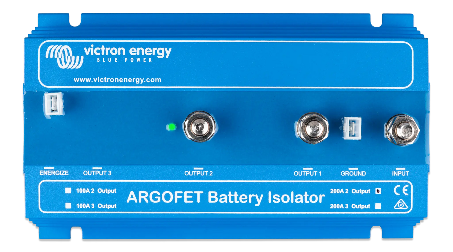 Blue battery isolator with Victron Energy branding on a white background