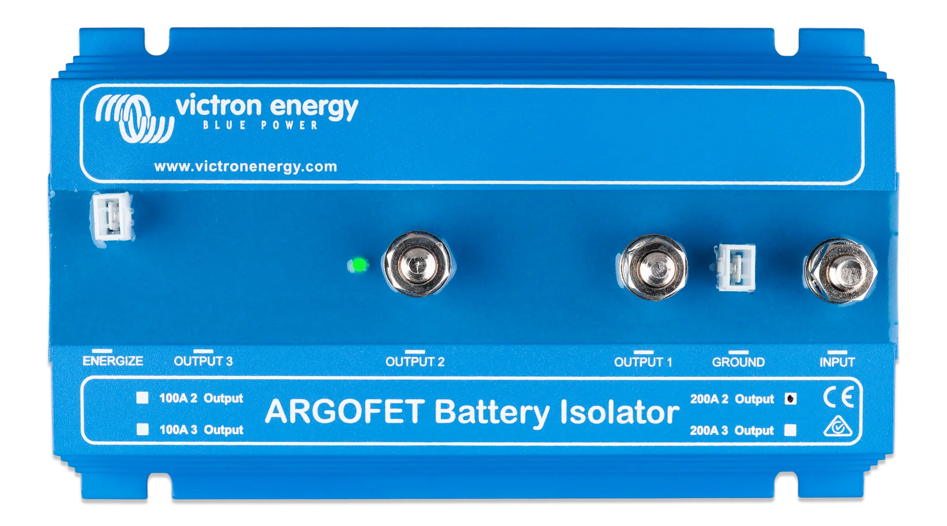 Blue battery isolator with Victron Energy branding on a white background