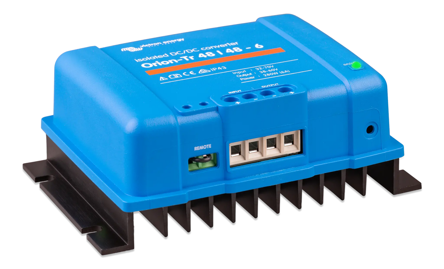 Blue electronic device with text and connectors on a white background