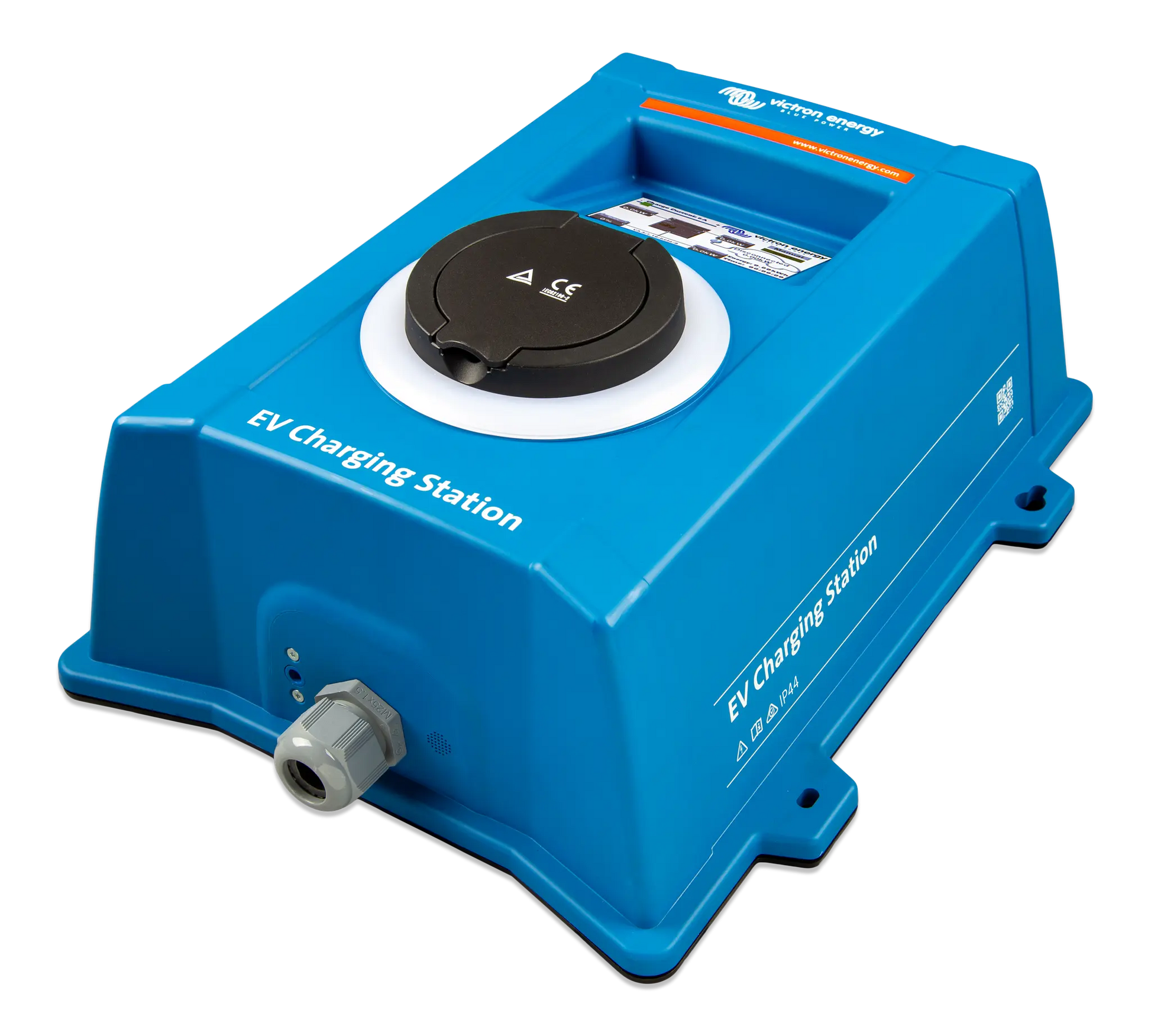 Blue EV charging station on a white background