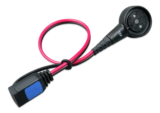 Cable with pink and black wires and a blue connector on a white background