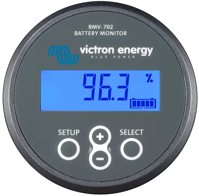 Victron Energy battery monitor with digital display on a white background
