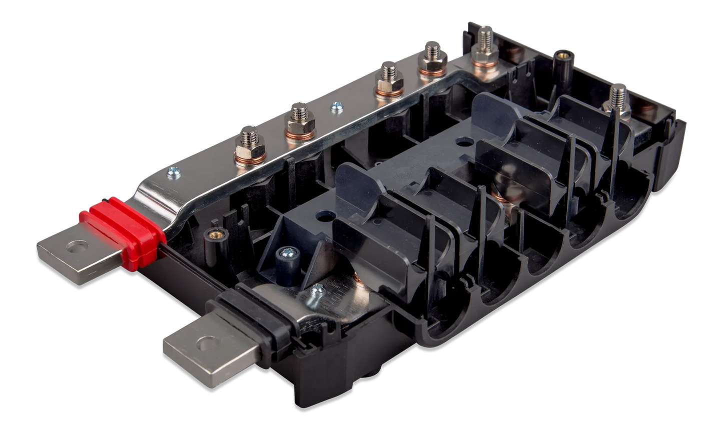 Electrical connector with red and silver components on a white background