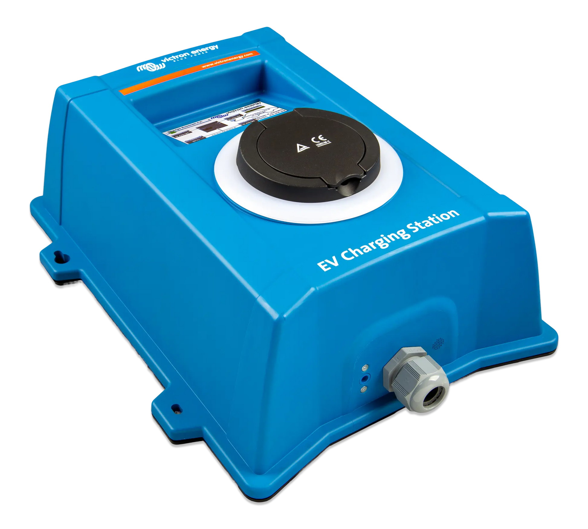 Blue EV charging station on a white background