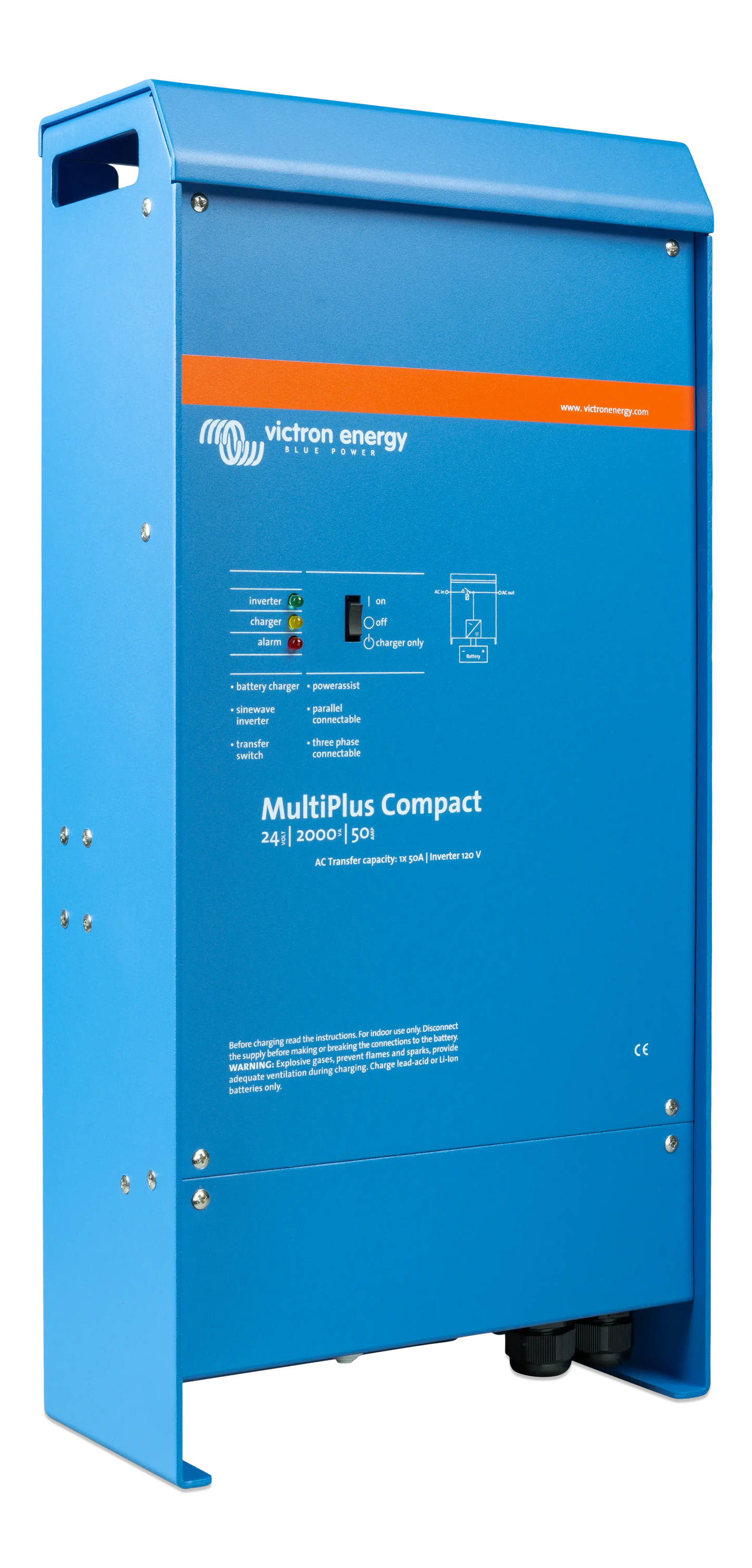 Blue electrical power conditioner with 'Victron Energy' branding on a white background