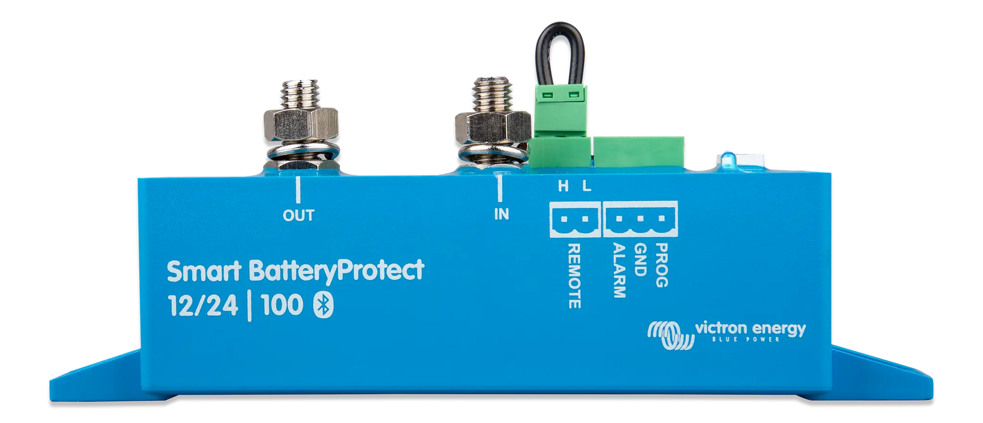 Blue electronic device labeled 'Smart BatteryProtect' by Victron Energy on a white background