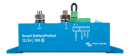 Blue electronic device labeled 'Smart BatteryProtect' by Victron Energy on a white background