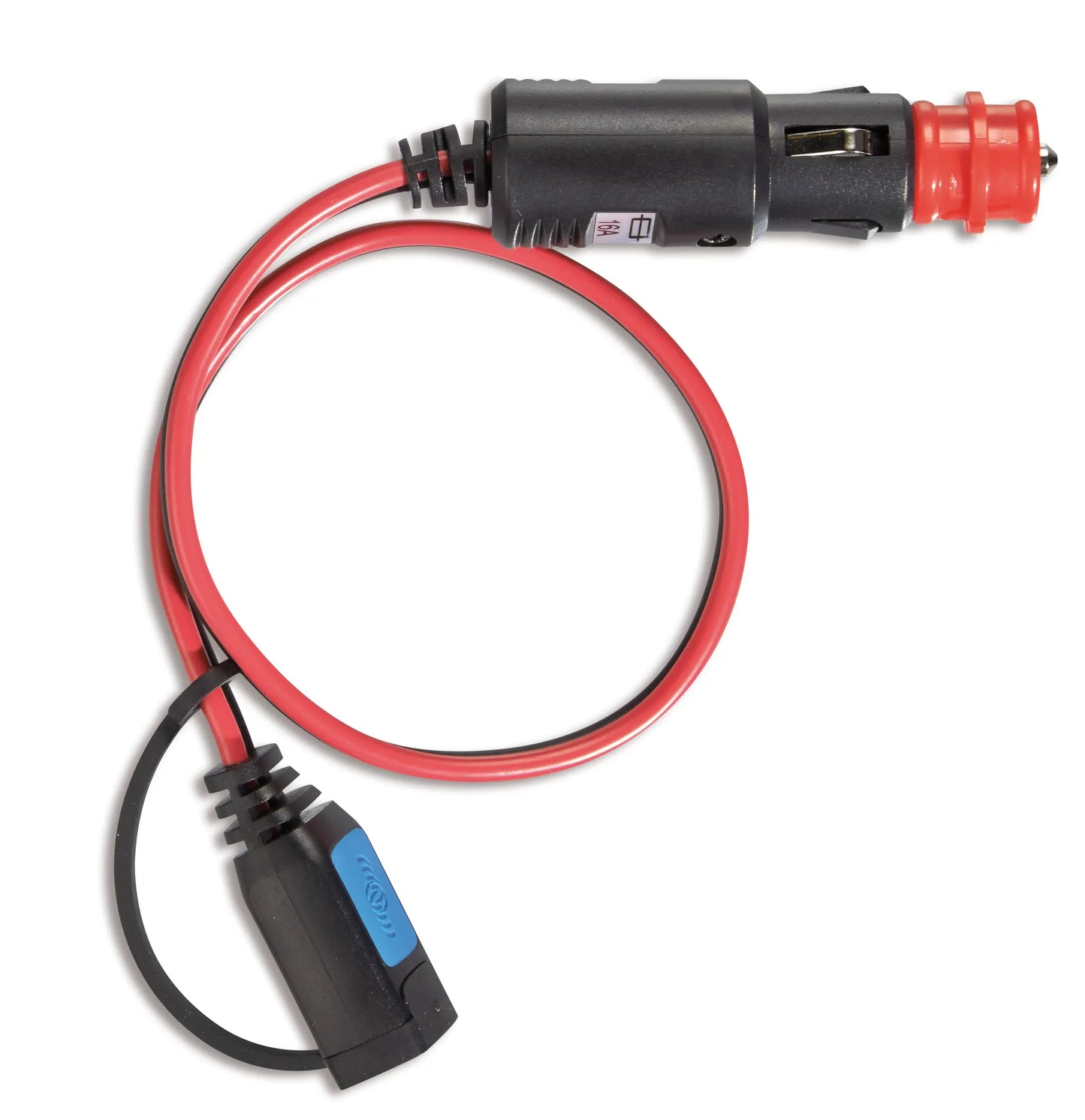 Car charger cable with red and black wires on a white background