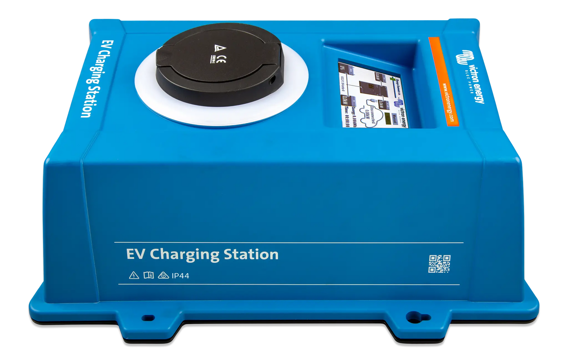 Blue EV charging station on a white background