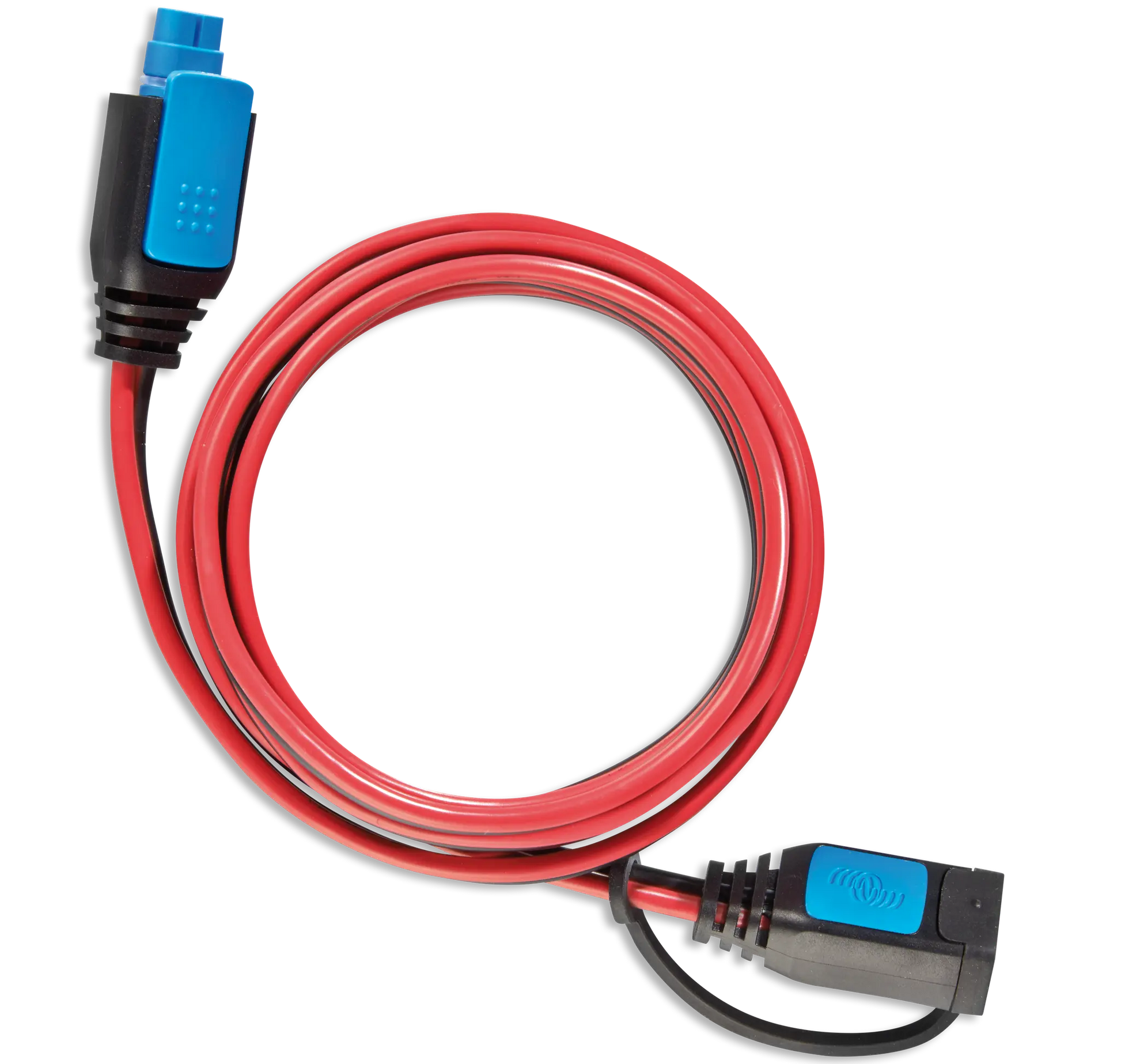 Red cable with blue connectors on a white background