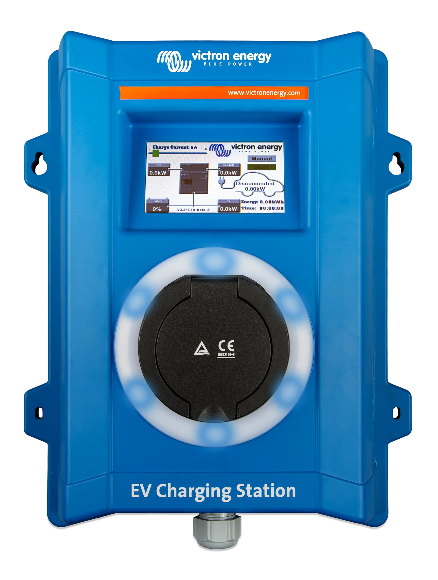 Blue Victron Energy EV charging station on a white background