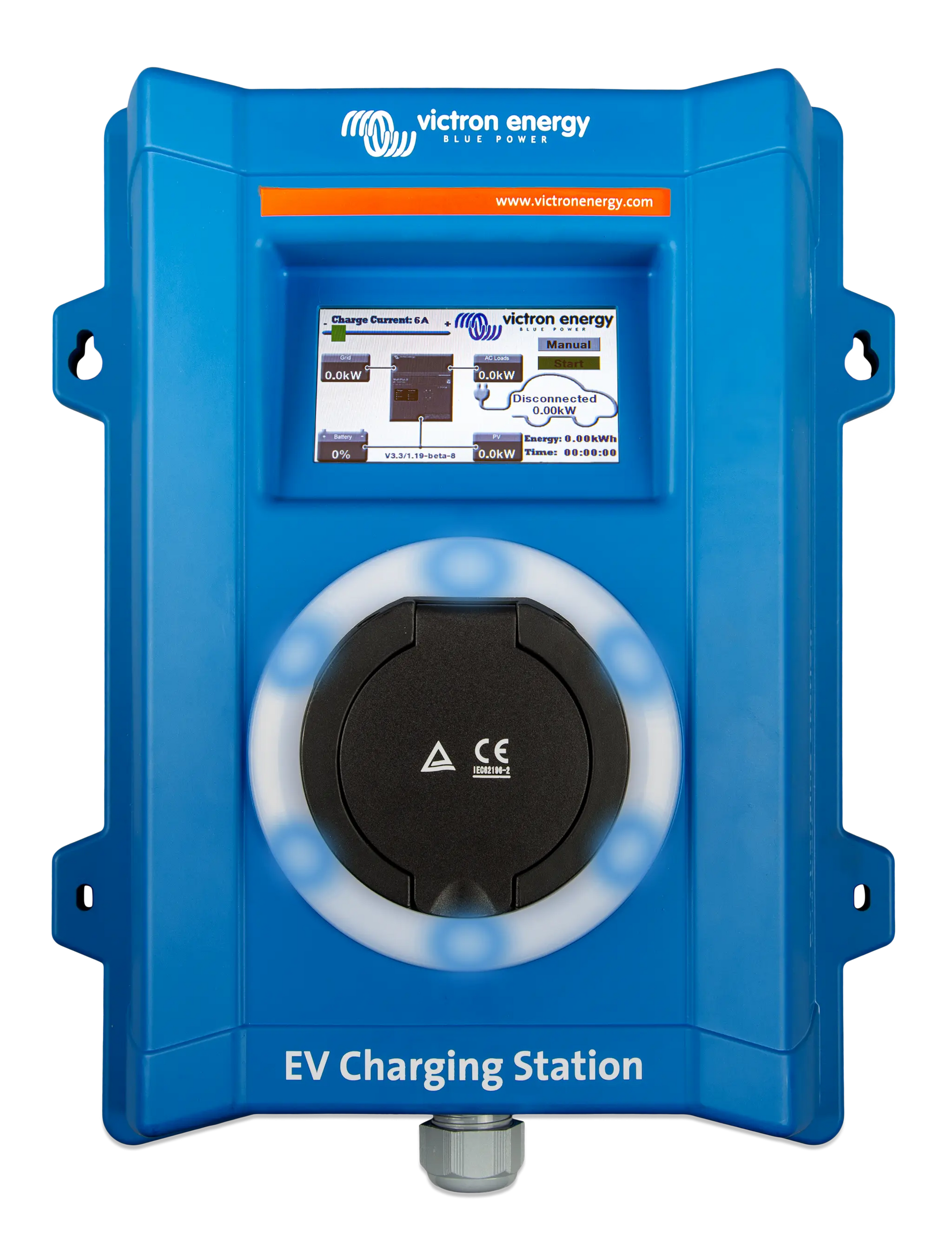 Blue Victron Energy EV charging station on a white background