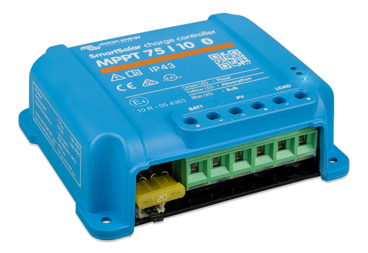 Blue solar charge controller with green connectors on a white background