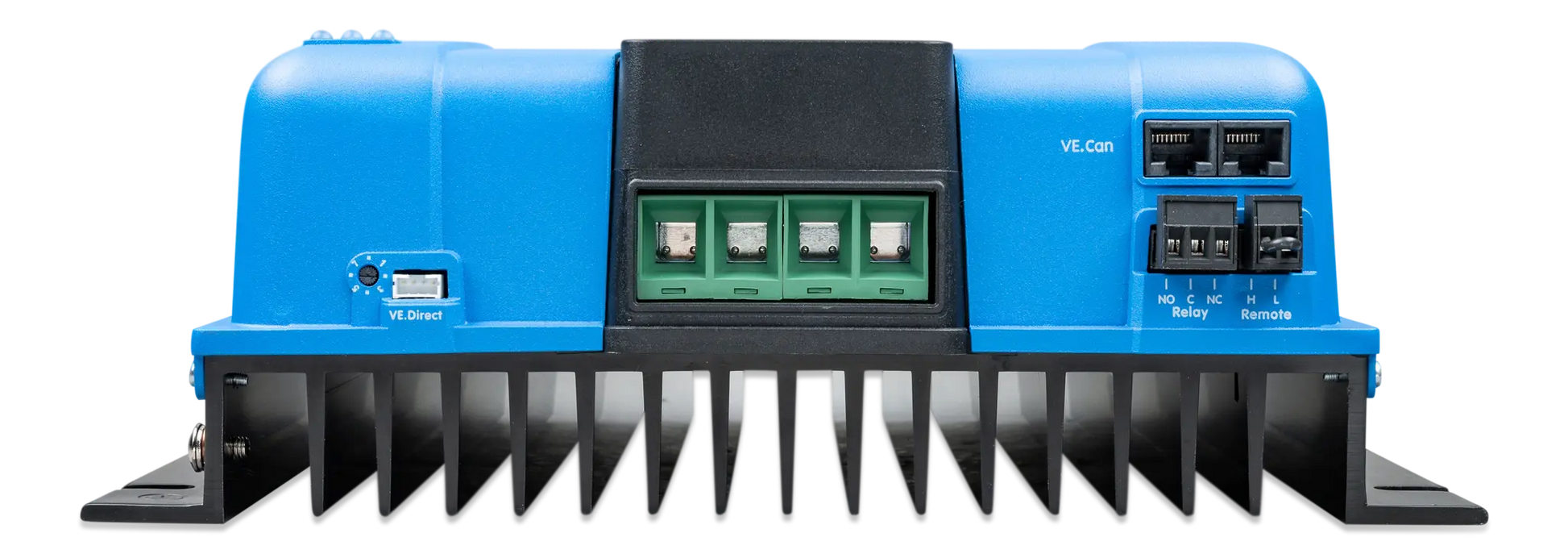 Blue and black power inverter with connectors on a white background